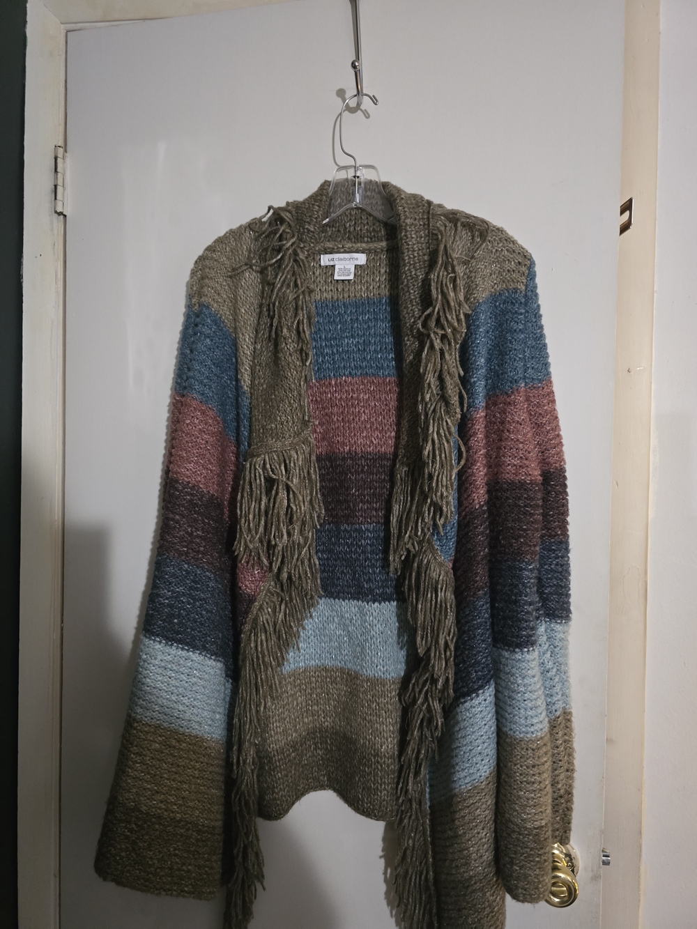 Liz Claiborne Olive, Blue and Pink Striped Fringe Cardigan